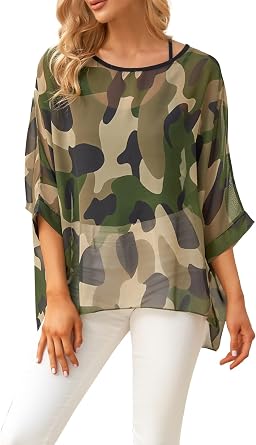 Womens Summer Printed Batwing Sleeve Top Chiffon Poncho Casual Loose Sheer Blouse Shirt