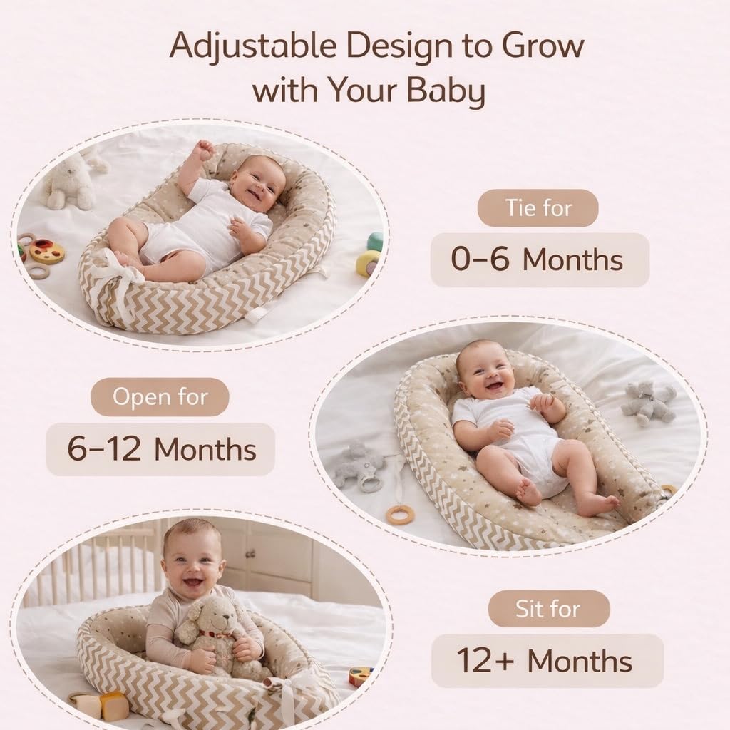 Baby Lounger | Organic Cotton Infant Lounger | Reversible, Adjustable & Portable Floor Lounger | Supervised Use | Soft, Breathable, Washable Cover- Star Collection (Tan) - Image 4