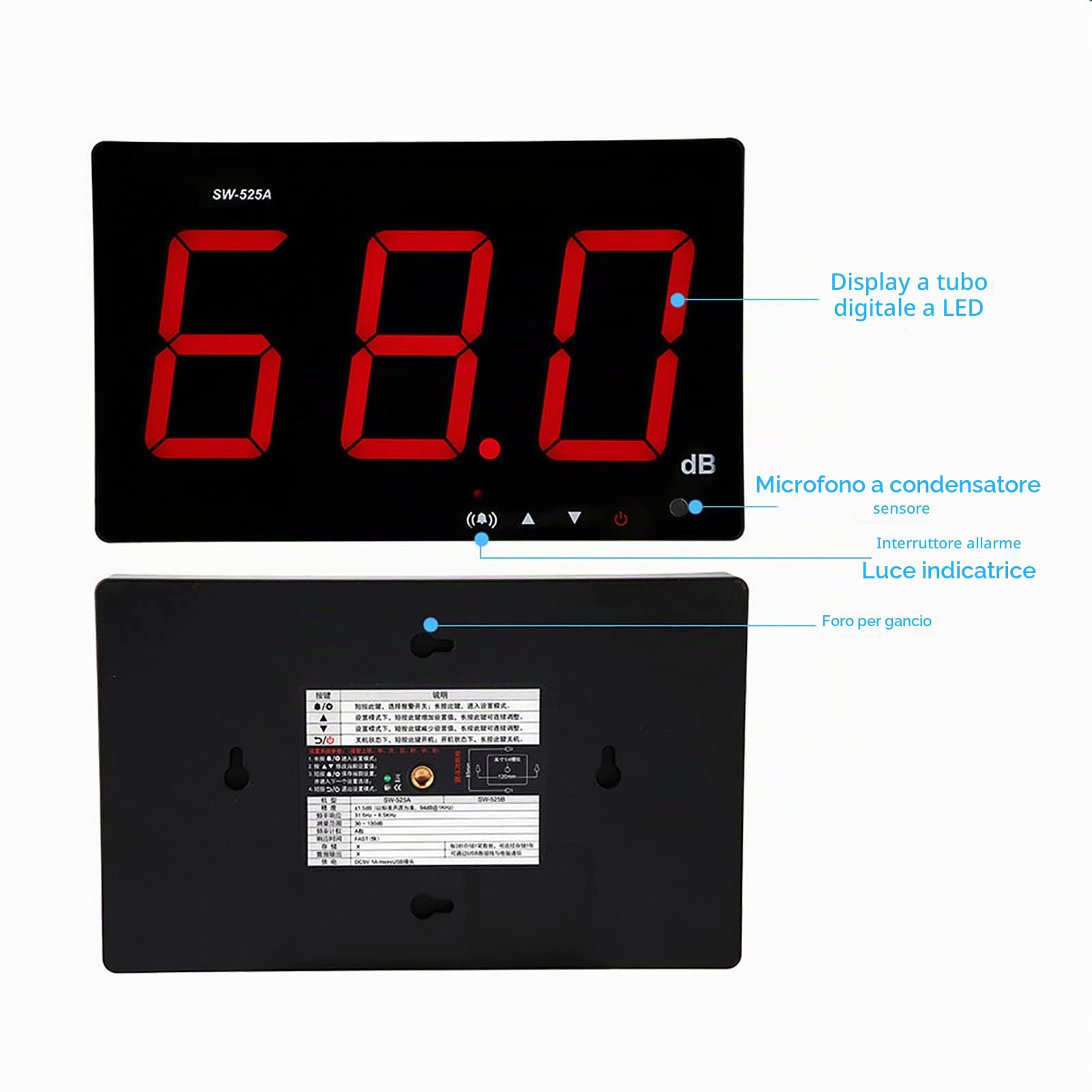 Decibel Meter Grande Schermo LCD Misuratore Sonoro Digitale SW-525A Montato a Parete 30dB-130dB Decibel Meter DC5V 1A Micro USB Digital Decibel Lettore con Allarme per Aula Studio Casa Fabbrica