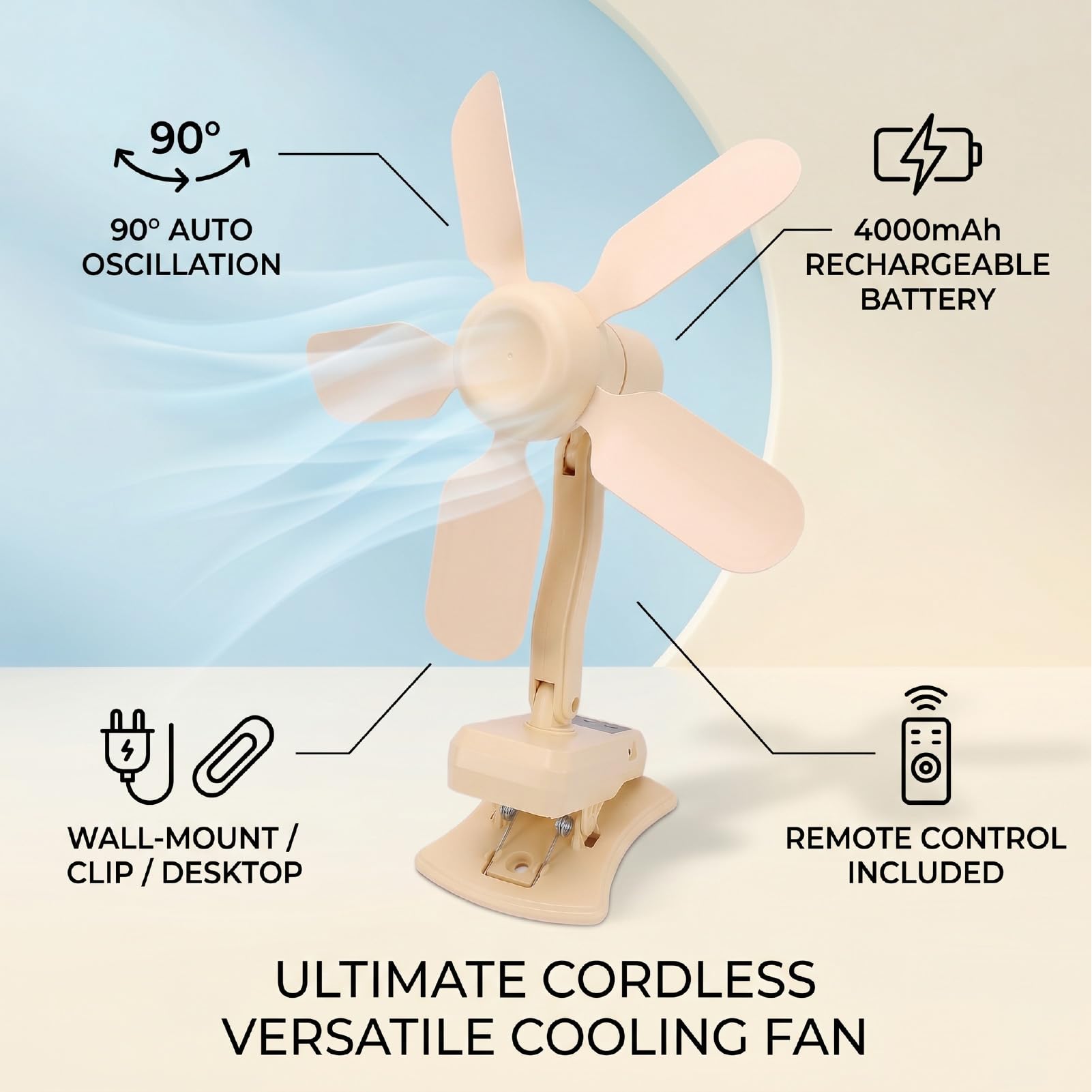 Ventilatore a Clip, Ventilatore da Scrivania Silenzioso Ricaricabile tramite USB con Telecomando e Timer, Oscillazione Automatica a 90°, per Uffici, Camere da Letto