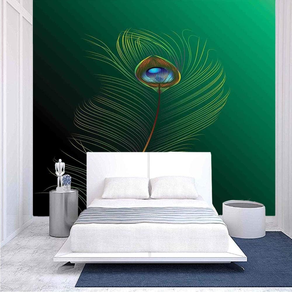 116x83 inches Wall Mural,Peacock Feather Illustration in Simplistic Artistic Style Wild Nature Life Print Decorative Peel and Stick Self-Adhesive Wallpaper Removable Large Wall Sticker Wall Decor for