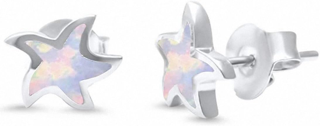 Starfish Stud Earrings Created White Opal 925 Sterling Silver Choose Color