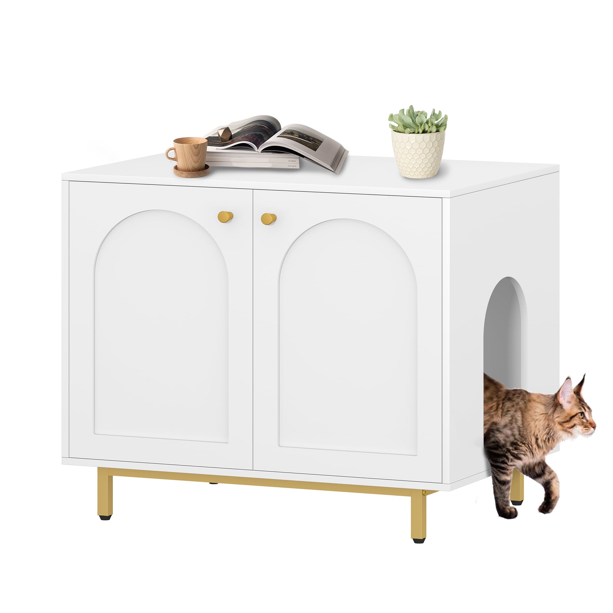 Hzuaneri Cat Litter Box Enclosure, Hidden Litter Box Furniture with Double Doors, Wooden Pet House Side End Table, Tall Legs, 80 x 55 x 70 cm, Living Room, Bedroom, White and Gold CB85003G