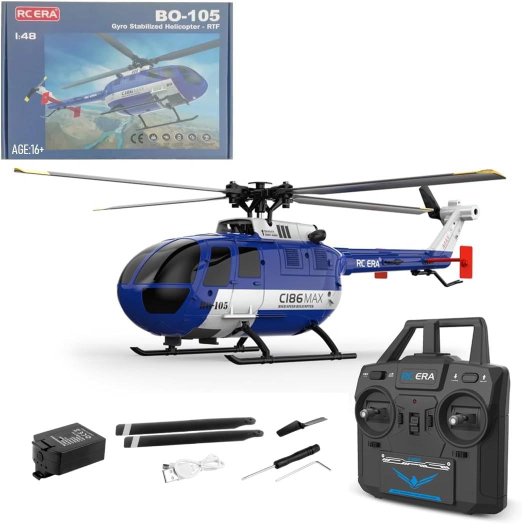 Remote Control Helicopter for Adult, C186 MAX BO105 Gunship Helicopter RC 4CH Single Flybarless Aircraft with 6-Axis Gyro - RTF RC Version, 23.5 x 7.1 x 8.1cm, Blue White