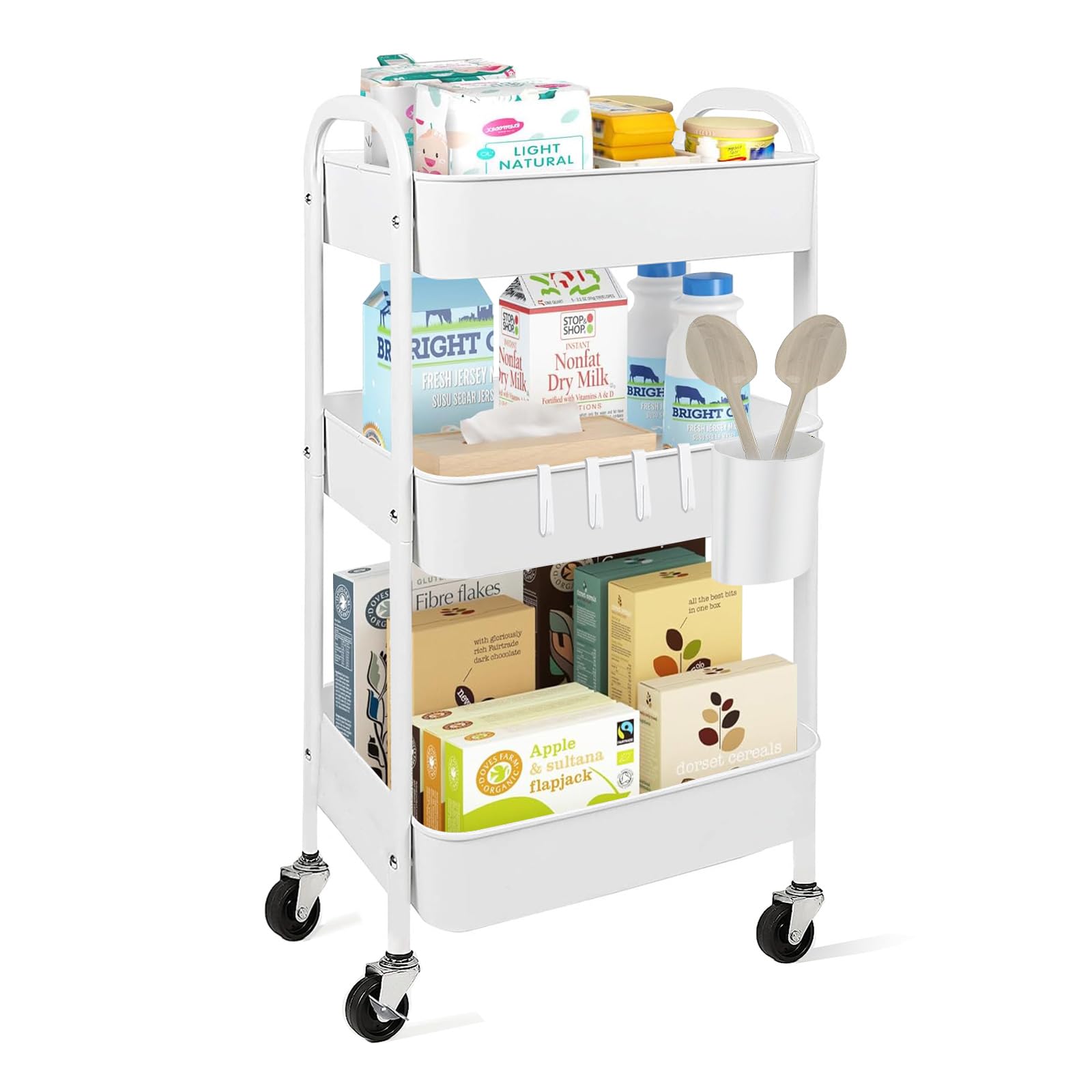 3 Tier Rolling Carts with Wheels, Metal Utility Cart for Bathroom/Kitchen/Art/Diaper/Grocery/Book/Craft/Snack/Makeup/Office/Living Room/Laundry Room/Classroom Storage Cart Organizer (White)