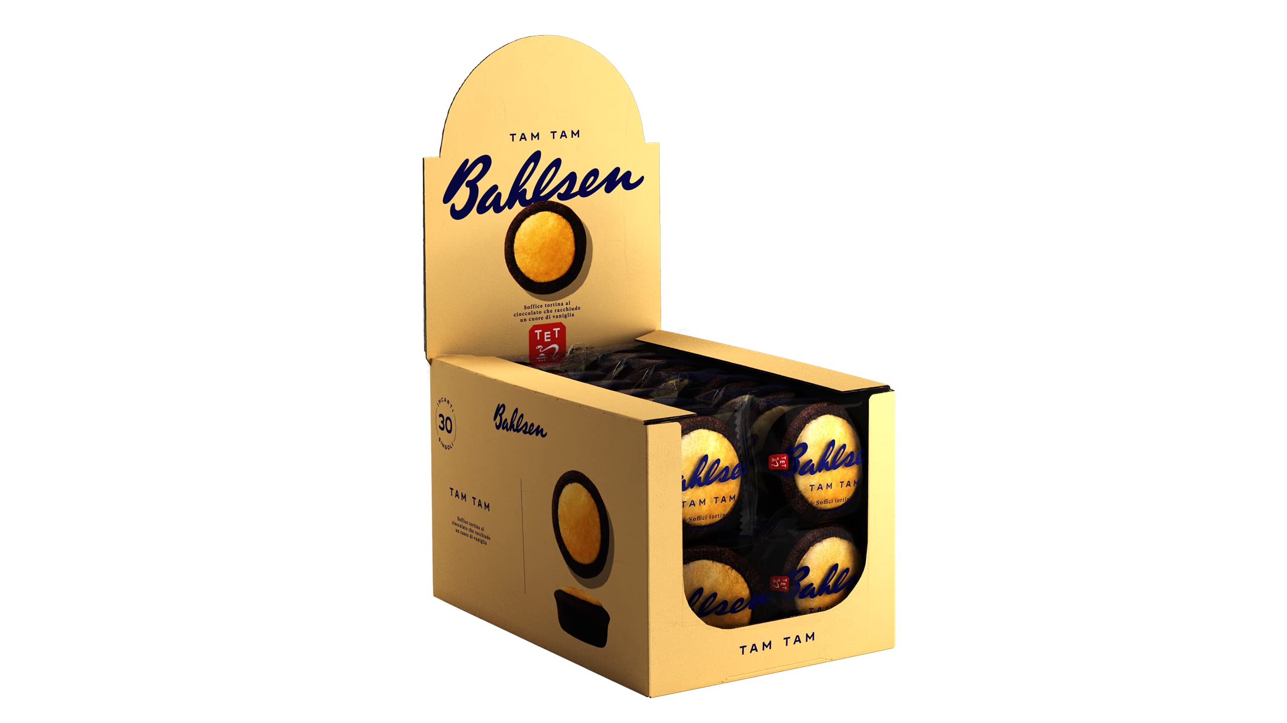Bahlsen, Tam Tam Cioccolato Display, Tortine Soffici al Cioccolato con Cuore di Vaniglia, Ingredienti Selezionati, 1 Confezione con Espositore da 30 Tortine Singole da 27.5 g
