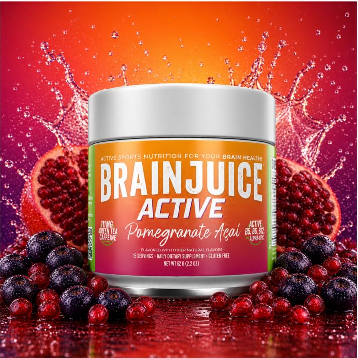 Image of BrainJuice Nootropics Brain Support Supplement, Gluten Free Powder for Energy and Focus, Drink Mix with L Theanine, Alpha GPC, Vitamin B, Organic Green Tea Extract (Active Pomegranate Acai)