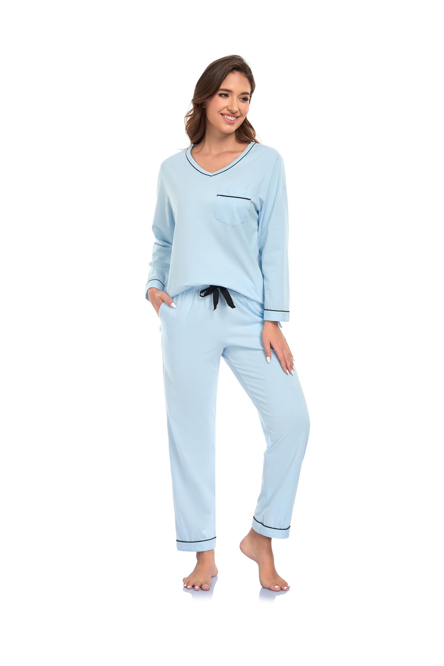 Damen Baumwolle Schlafanzug Langarm Pyjama Set mit Hose