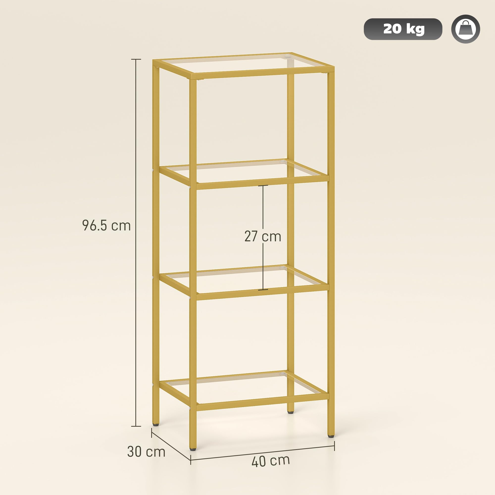 HOMCOM 4-stöckiges Glasregal modern 40x30x97 cm Goldfarben