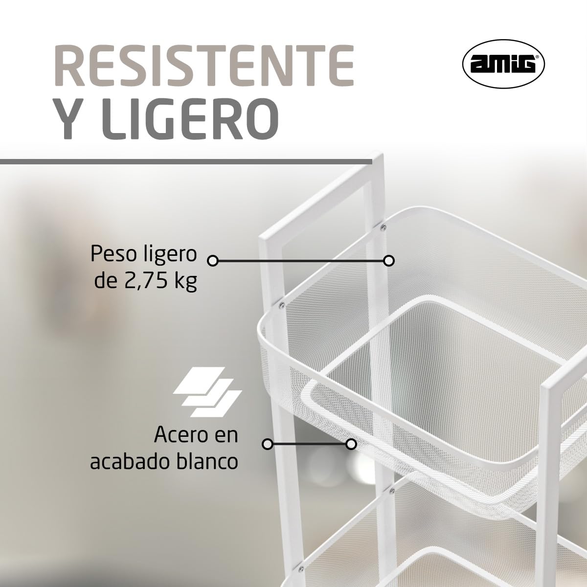 Amig - Mueble Organizador Multiuso - 3 Cestos en Altura - Acero Blanco - Almacenamiento en Cocina de Tarros, Verduras o Frutas - Medidas: 33 x 25 x 85 cm