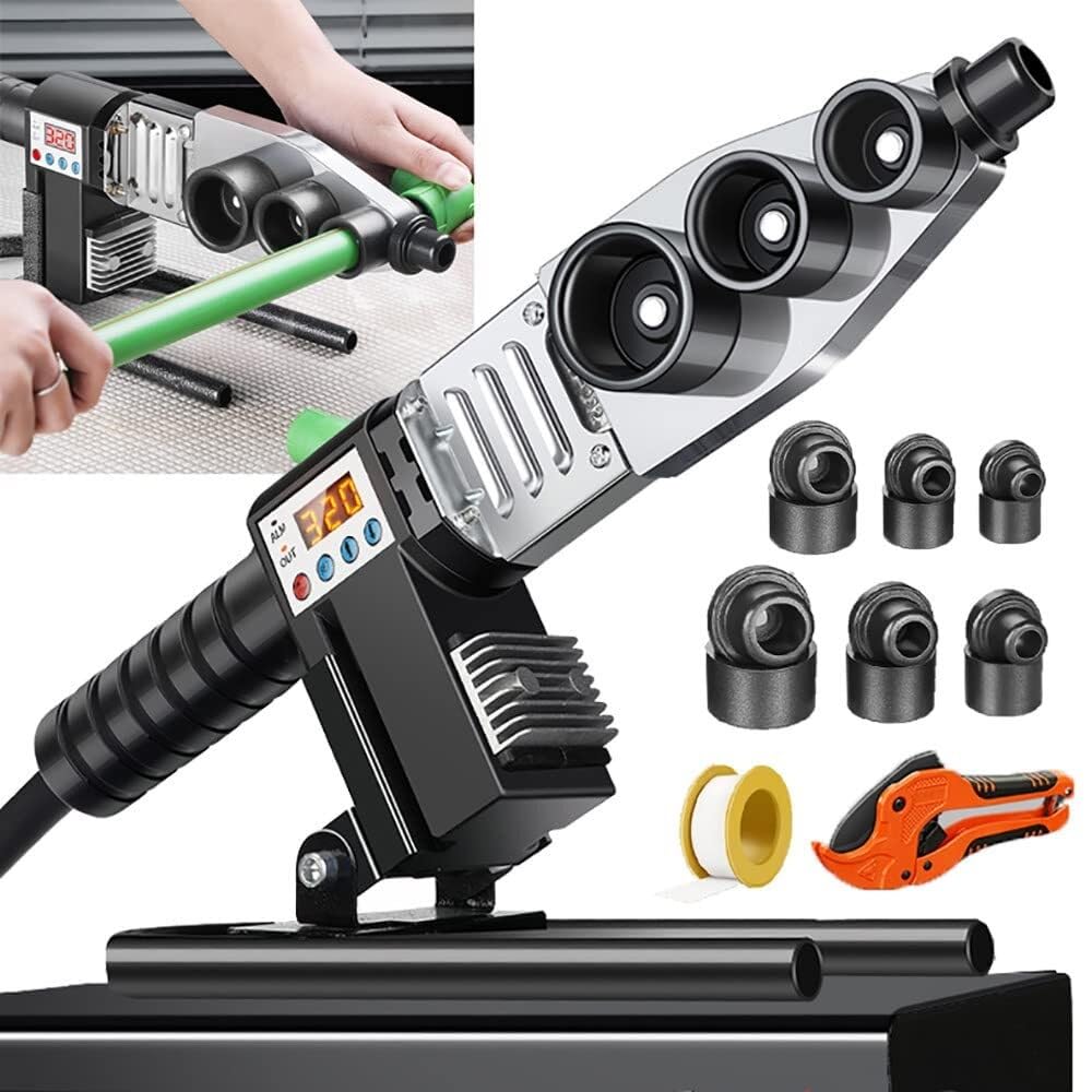 Máquina de soldadura de tubos de plástico con tijeras + caja de hierro, soldador por fusión de tubos de PE/PB/PPR, ajustable a 100-320 ℃, pantalla digital + troquel antibloqueo + soporte en forma de U
