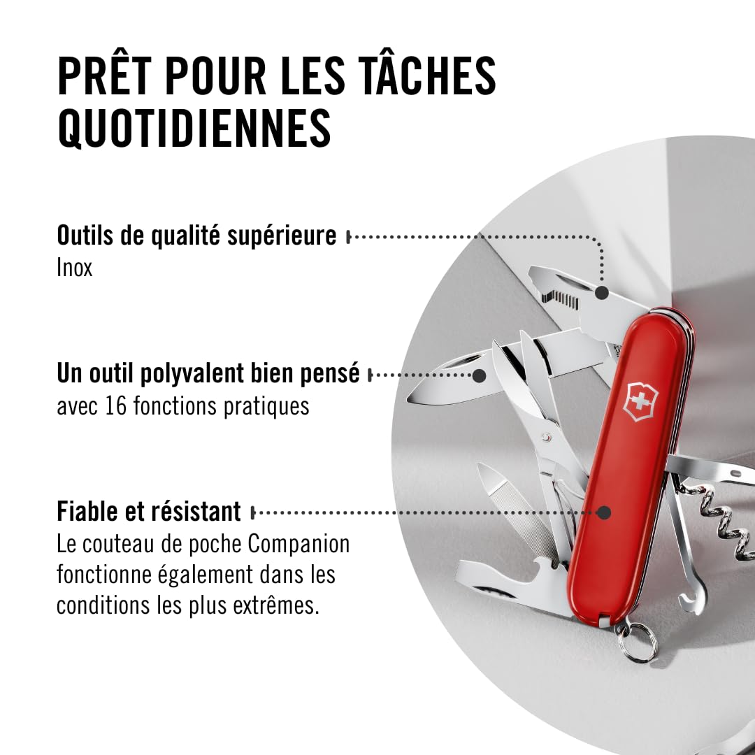 Victorinox Couteau de Poche Companion, 16 Fonctions, Outil Multifonction, Outil de Poche, y c. Ciseaux, Tournevis, Stylo à Bille, Swiss Made, Rouge