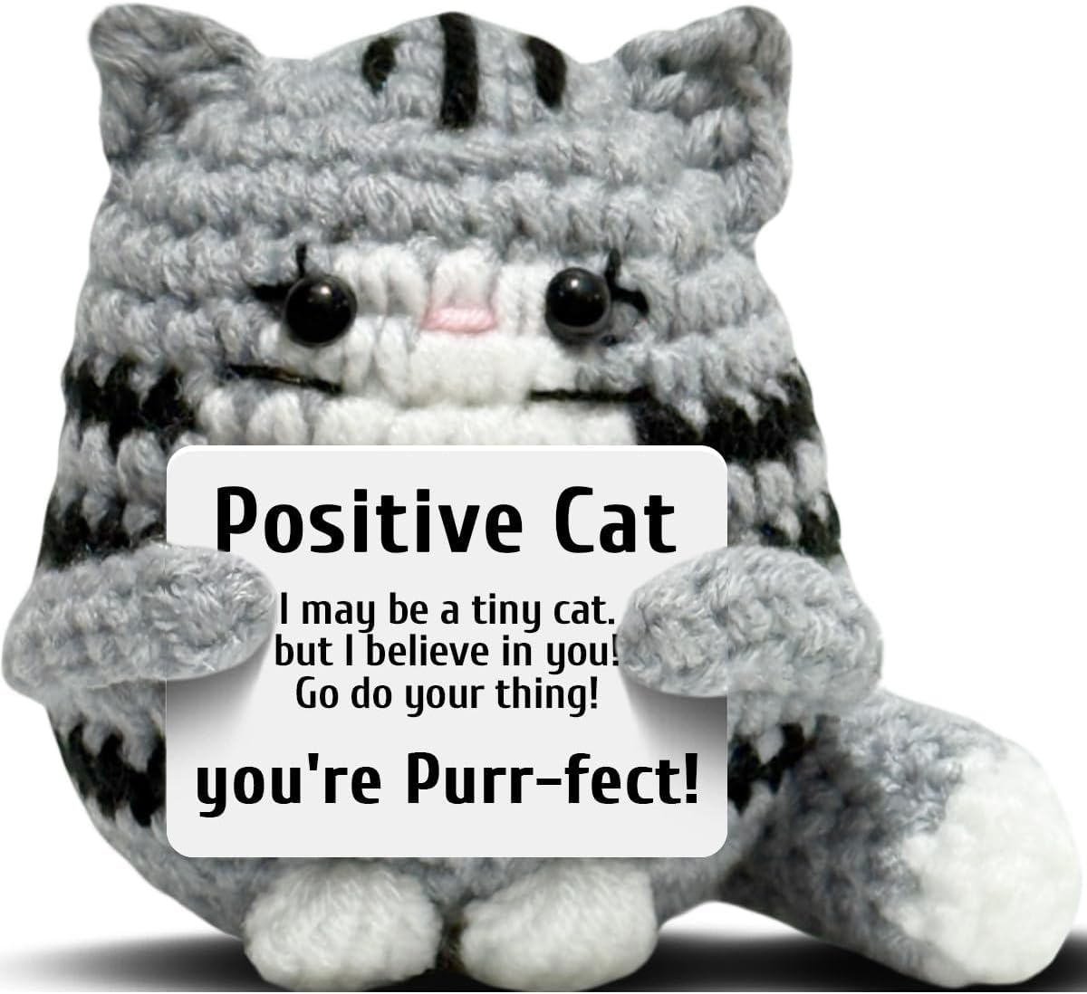 Oneser Positive Crochet Plush Toy, Emotional Support Animal, with Positive Messages for Adult Women Cute Pickle Desktop Decor Birthday Gifts (Gray Positive Cat)