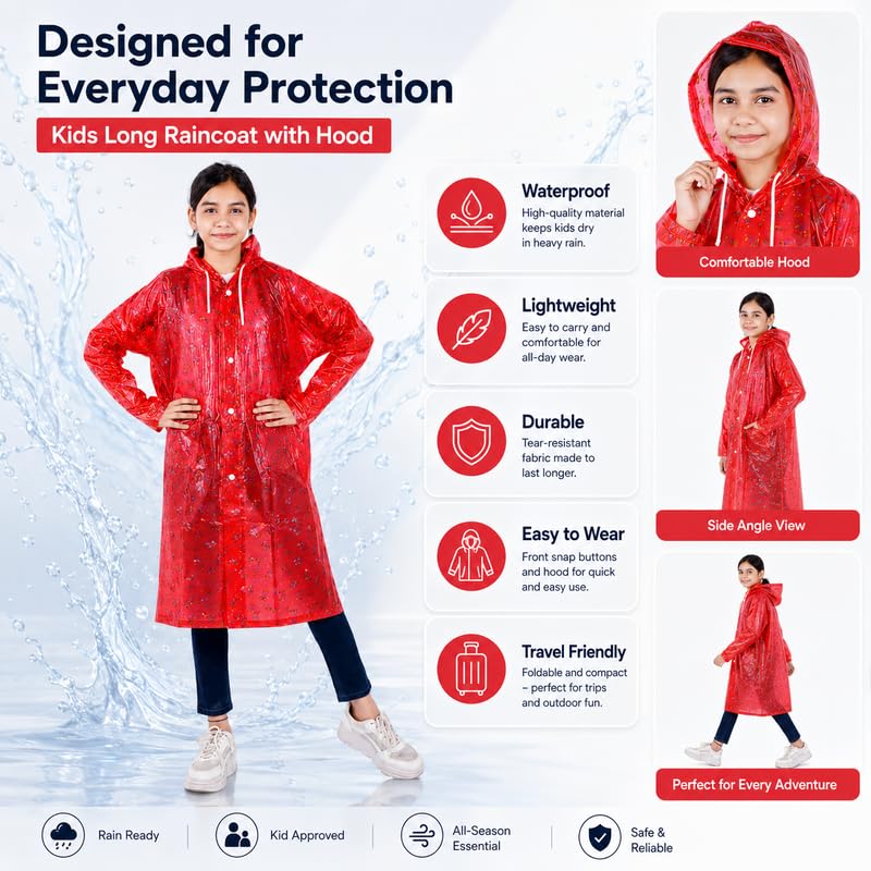 Image of Aristocrat Kids Humpty Dumpty Waterproof Raincoat with Hood | Knee Length Rainwear for Boys & Girls | Regular Fit Rain Jacket with Two Front Pockets | All-Weather Protection Rainwear