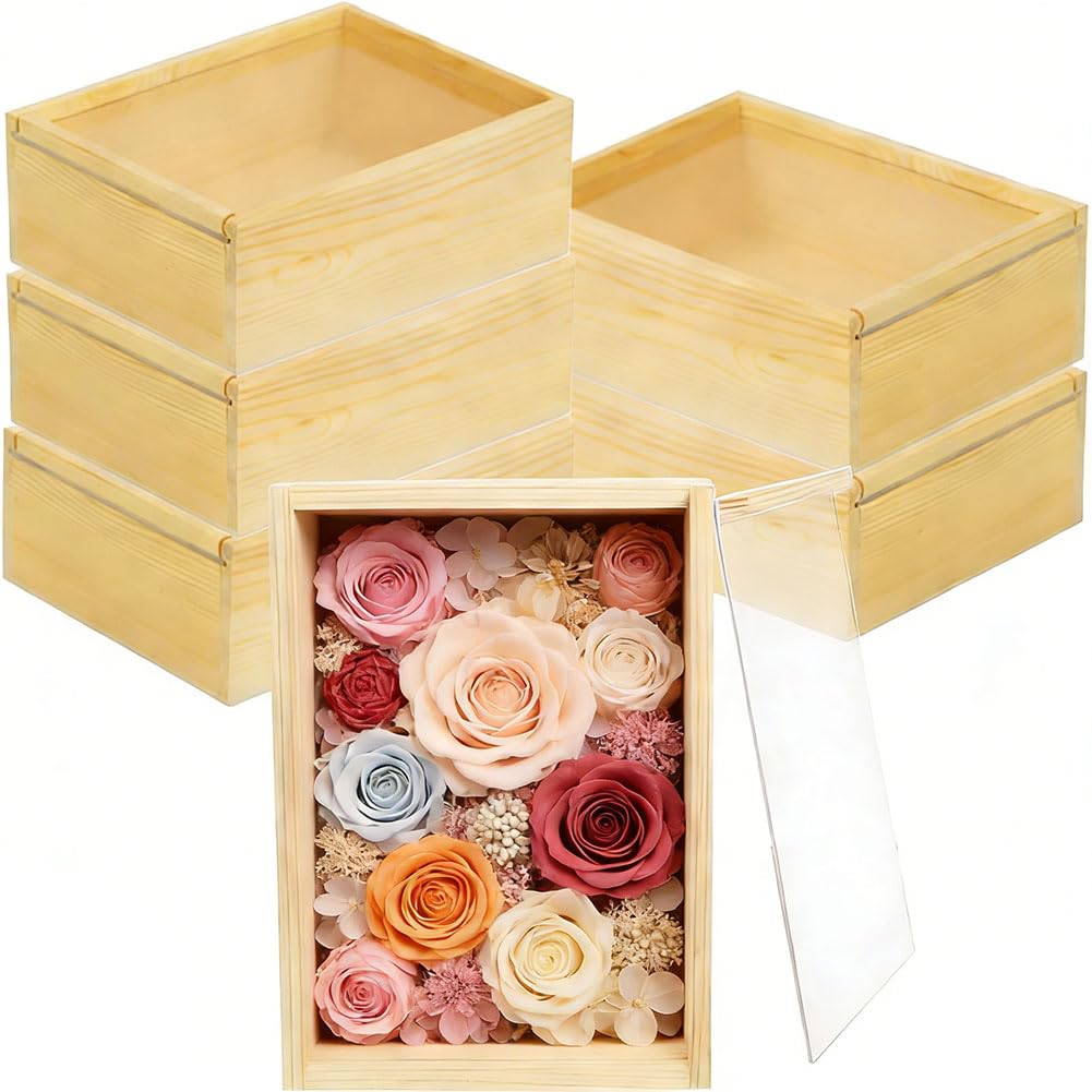 YCOSAN 6 Pack 6.3 x 4.9 x 1.8 Inch Unfinished Wood Boxes, Small Wooden Box with Sliding Transparency Lid, Wooden Boxes for Crafts, Wood Craft Shadow Boxes, Wooden Gift Box with Slide Acrylic Lid
