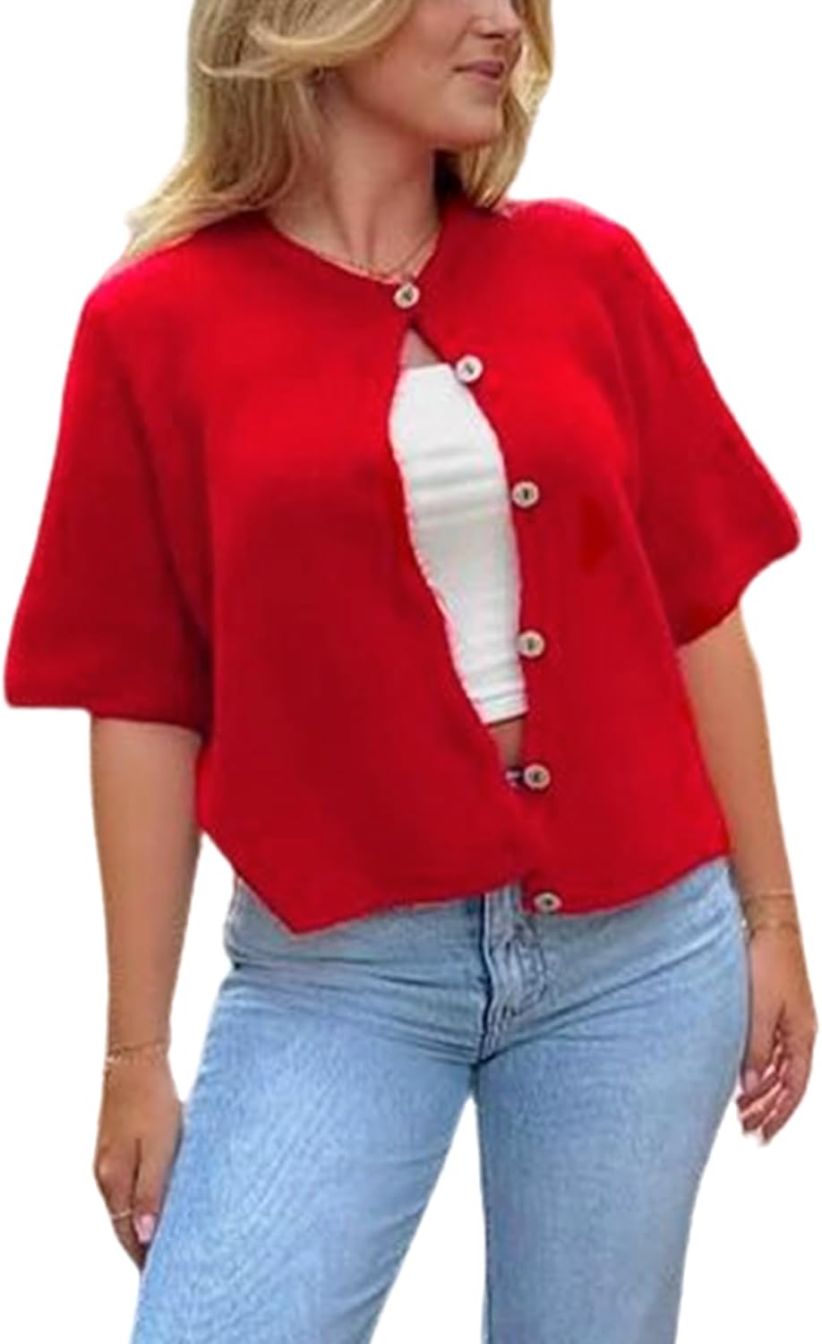 Arssm Women's Knitted Crop Cardigan Y2k Short Sleeve Button Down Cardigan Shirt Ribbed Knit Solid Color Lightweight Outwear