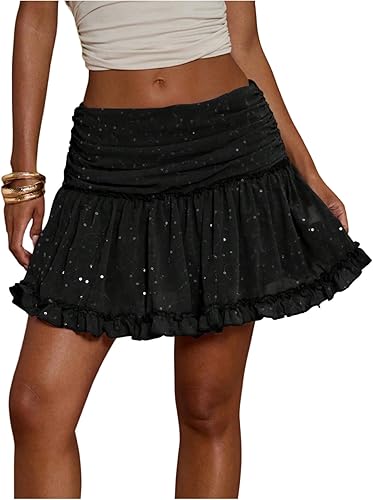MakeMeChic Women's Sparkly Sequin Mini Skirt A Line Ruffle Low Rise Ruched Party