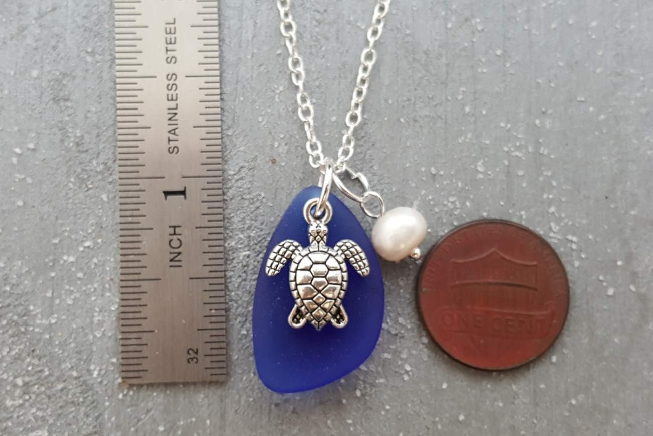 Handmade cobalt blue sea glass necklace, September Birthstone, Turtle charm,Natural pearl, (Hawaii Gift Wrapped, Customizable Gift Message)
