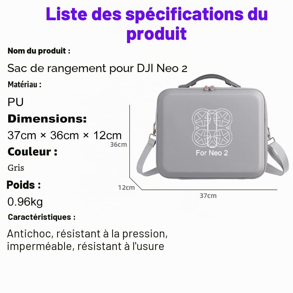 Housse de transport pour DJI Neo 2 Motion Fly More Combo, sac à bandoulière portable de voyage pour lunettes N3, RC Motion 3, hub de charge et autres accessoires de drones, 37 x 12 x 36 cm