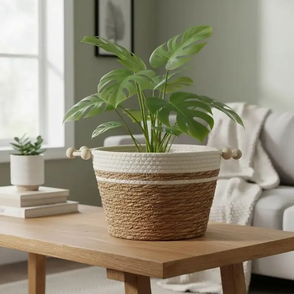 Cesto Organizador Palha Decorativo Multiuso Com Alça Madeira Cachepot Para Planta Roupa Brinquedos Dobrável 27cm Cesto Natural Preto Branco Decoração Casa Sala Quarto Seagrass Vime Vaso Flor (Branco)