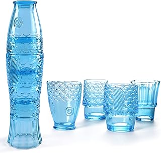 MDLUU Fish Design Tumbler Glasses, Stackable Drinking Glasses, Colored Glass Beverage Cups, Nautical Glassware for Gift, Set of 4 (Blue)