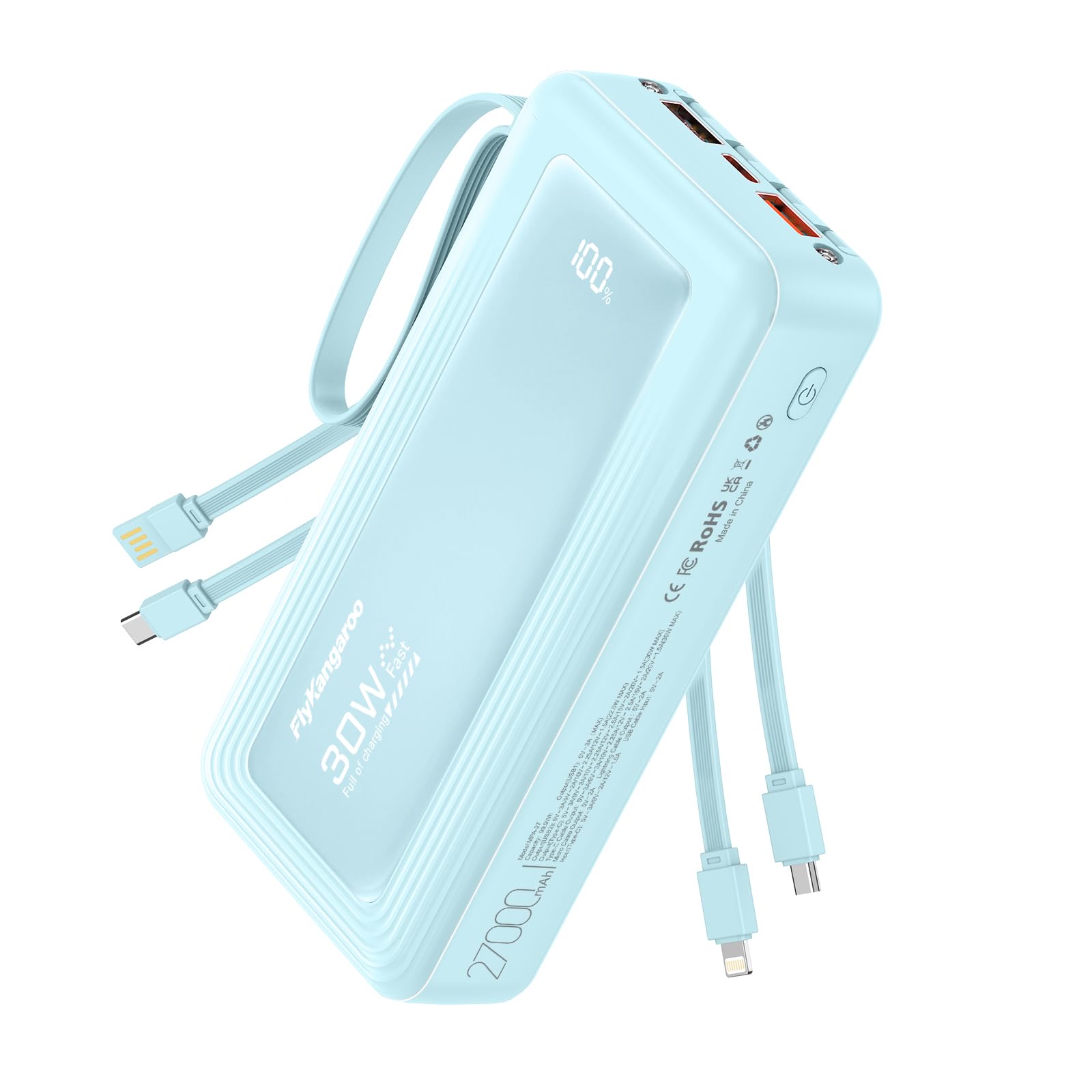Powerbank 27000mAh mit 4 integrierten Kabel, 30W USB C Schnellladefunktion