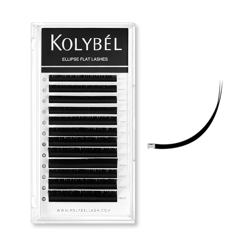 Extensões de cílios individuais clássicas Kolybel Ellipse Flat, curvatura CC, espessura 0,15, comprimentos mistos de 8 a 15 mm, preto fosco, 12 fileiras