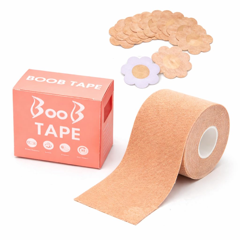 Invisible Bra Tape for Women – Boob Tape for Breast Lift & Support | Body Tape for Backless & Strapless Dresses | Sweatproof Breast Tape with Nipple Covers Beige-image-5
