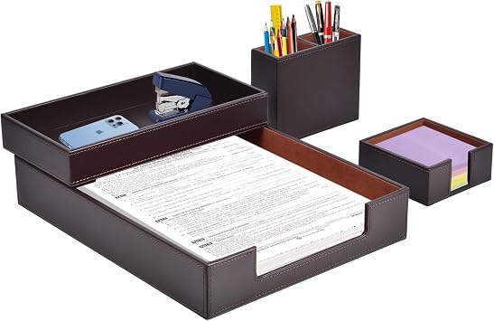 4-Piece Set Office Supplies/Desk Organizer Including Pu Leather Letter Paper Tray,Sticky Note Holder,Pen Cup,Stackable Small Letter Mail Sorter,Tray Document Holder Fits A4 Paper Brown