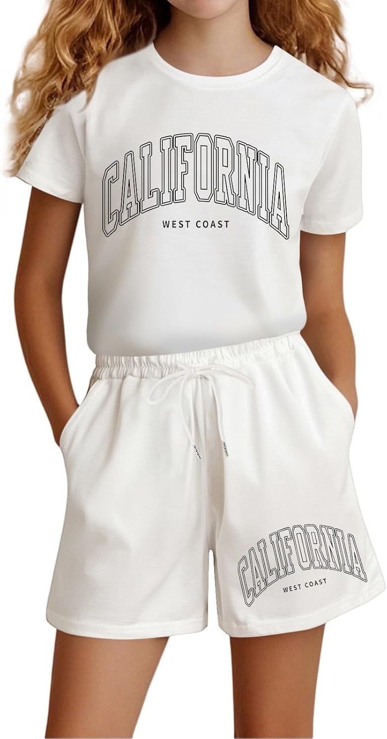 Girls 2 Piece Summer Outfit Cute Graphic Tshirts & Shorts Sweatsuit Toddler Kids Preppy Tracksuit Teen with Pockets