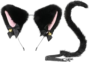 TSHAOUN 2 Pieces Fox Costume Included Black Fox Ears Headband Faux Fox Tail Animal Costume for Kids Girls Fancy Dress Up Fox Cosplay Cat Ears Tail Costume Children Adult Halloween Stage Show