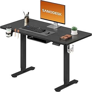 SANODESK Höhenverstellbarer Schreibtisch 110×54 cm – Kompakter Standing Desk mit praktischem Zubehör, ideal für kleine Räume, leise & sicher mit Anti-Kollisions-Schutz(schwarz)