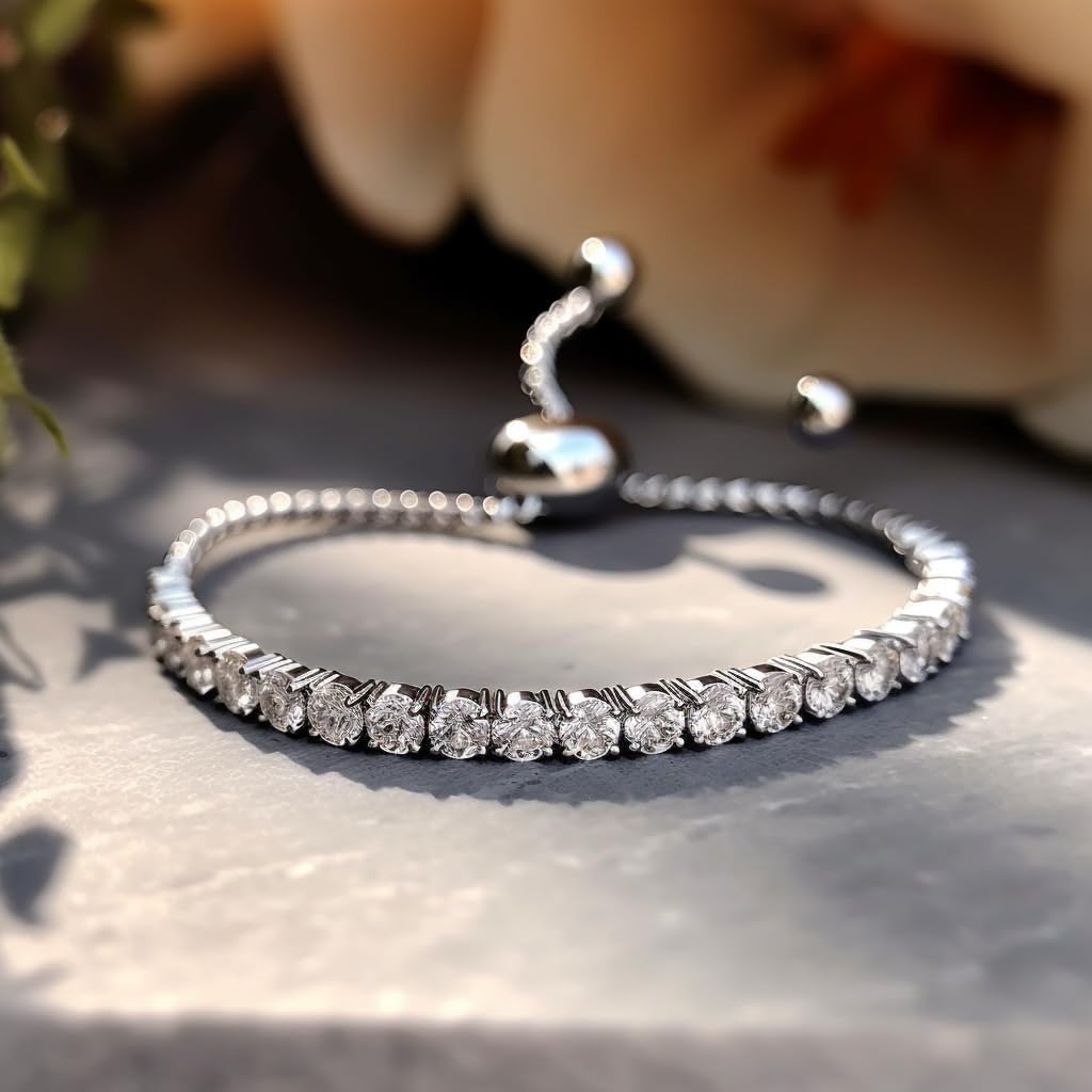 Amy & Annette Adjustable Tennis Bracelet with Crystals - 18k White Gold Plated Filled with Open-Ended Closure - Great Gift Idea for Every Occasion - (7.25in)
