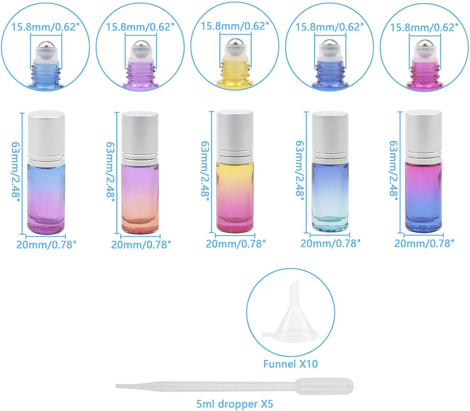 10Pcs 5mL Essential Oil Roller Bottles with Droppers & Funnels | Empty Glass Roller Vials Roll-on Container for Perfumes Aromatherapy Oils Liquids, Gradient Color