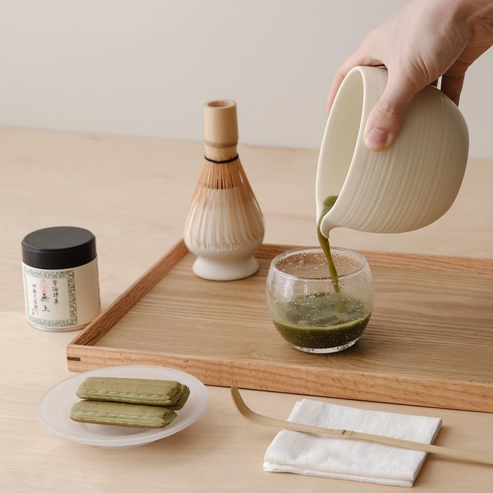 Matcha Whisk Set, Ceramic Matcha Bowl & Whisk Holder, Bamboo Accessory, Modern Design (Matte Crème, Pouring Spout) - Image 5