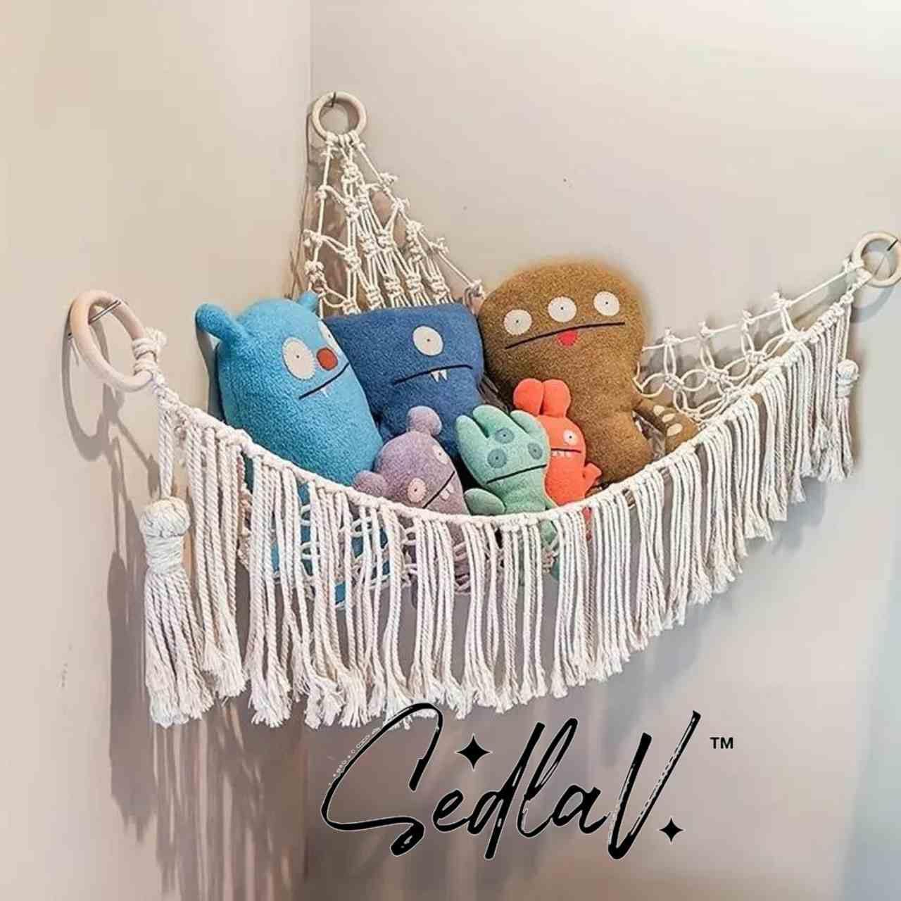 SEDLAV 1pc Toy Storage Net Hammock - Room Corner Organizer for Plush Dolls, Stuffed Animals, and Toys. Woven Sling Net with Cotton Rope