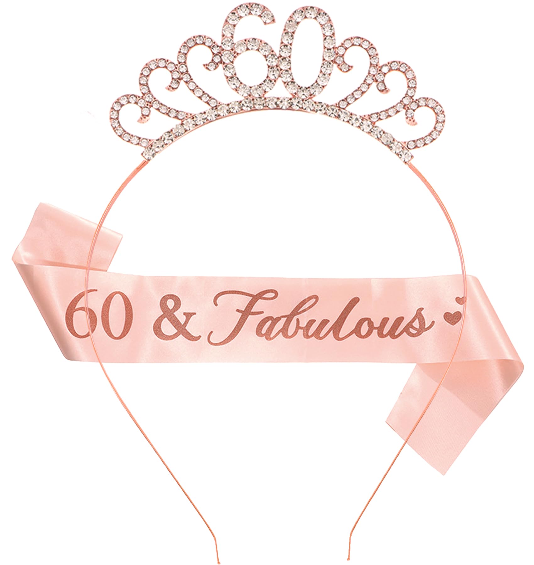 WeveriColle 60th Birthday Sash and Crown Crystal Tiara Hat Headband for Women's 60th Birthday Decorations 60th Gift for Women Party Accessory Rose Gold