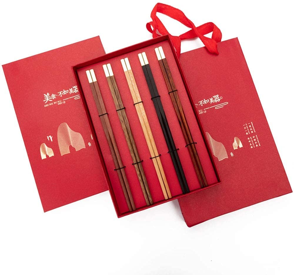 Baguettes chinoises en bois massif importé Baguettes cadeaux 5 paires de baguettes, pas de vernis, pas de cire, processus de placage au brouillard, boîte cadeau