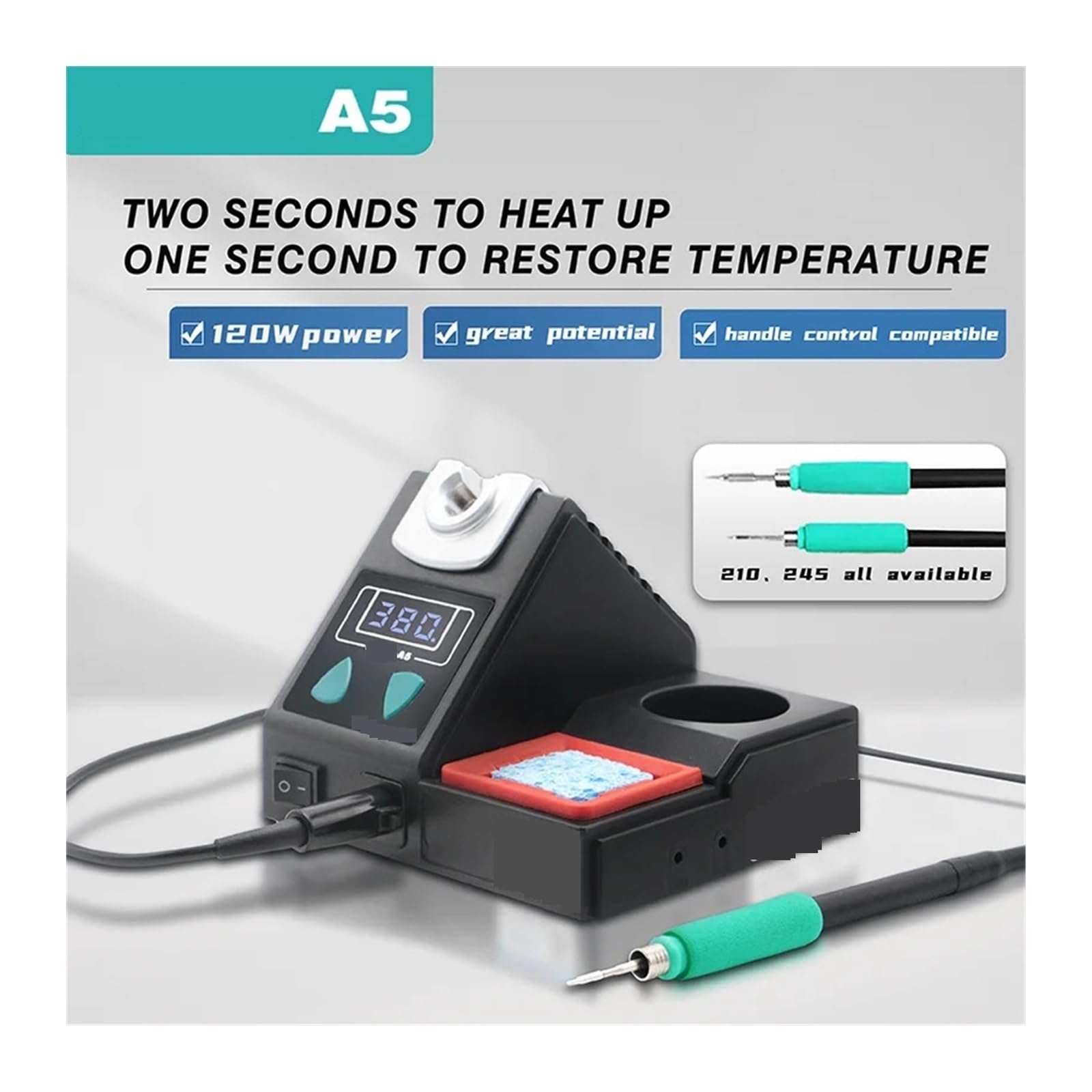Estación de soldadura A5 compatible con puntas de soldador JBC C210/C245/C115 Mango Estación de retrabajo de soldadura electrónica sin plomo(A5-210-3tips)