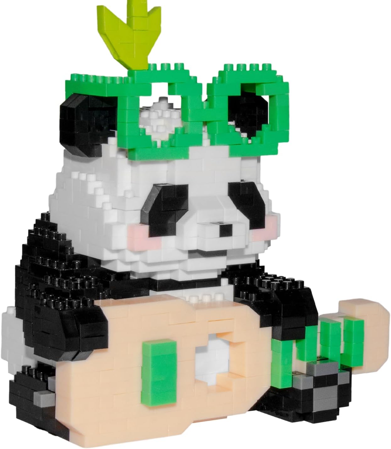 Assembled panda figure wearing green glasses and holding a musical instrument, made from micro building blocks.