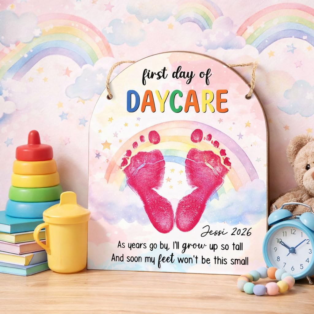 DIY First Day of Daycare Footprint Keepsake Craft, My First Day of Daycare DIY Baby Footprint Art Kit, Wooden Sign with Hanging Rope, Daycare Memory Gift for Baby, Toddler Nursery Decor 8x10in
