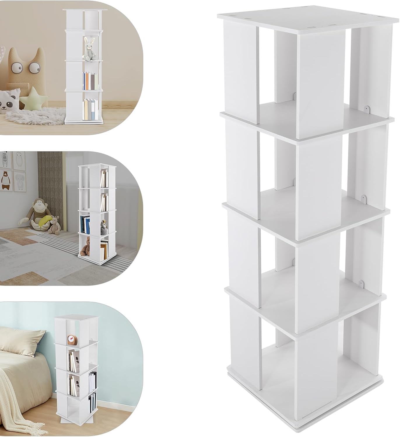Rotating Bookshelf, 4-Shelf 360° Solid Wood Book Shelf Tower, Stackable Revolving Bookcase Organizer for Living Room, Bedroom, Study Rooms, Bedrooms, Nurseries, Children's Rooms(White)
