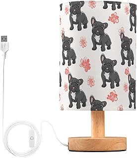 Table Lamp Bulldog Flower Bedside Nightstand Lamps Fabric Shade Desk Lamp with Wood Base for Bedroom, Living Room, Office