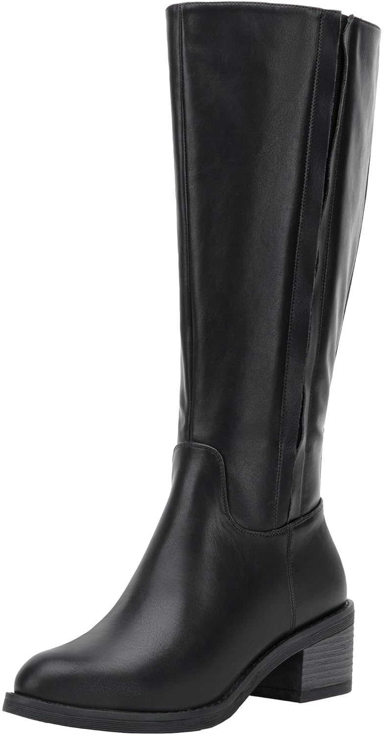 Jeossy Womens 9661 Knee High Tall Boots Riding Chunky Low Heel Round Toe Faux Leather Boots with Inside