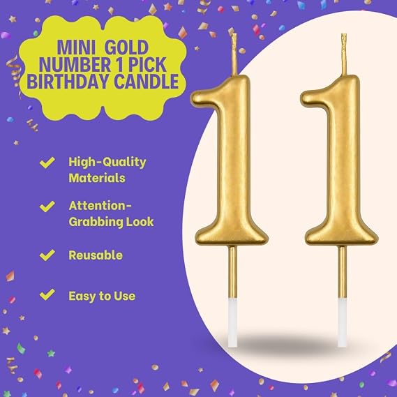 Mini Metallic Gold Number 1 Pick Birthday Candle (3cm x 11cm) - Elegant and Dazzling Party Decoration - Perfect for Birthday/Anniversary Events - 1 Pc