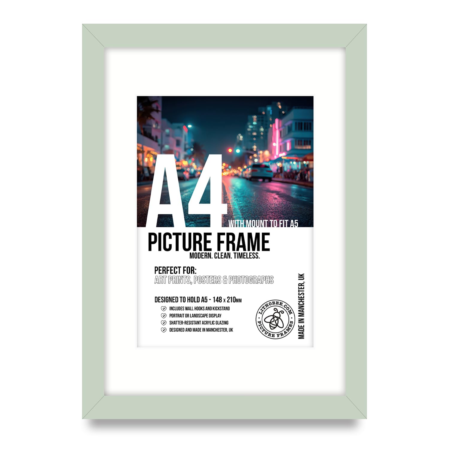 Lithobee Premium Pale Green A4 Picture Frame with Mount