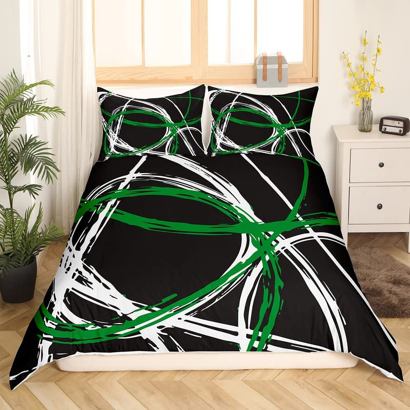 Retro Circle Bedding Duvet Cover Set Single Green Black White Stripes Bedding Set for Kids Boys Girls Abstract Art Decor Comforter Cover Set Microfiber Bedspread Cover Bedroom Bedclothes - Image 3