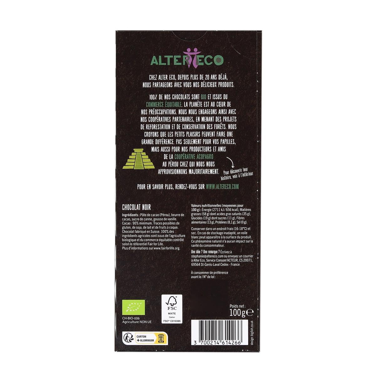 ALTER ECO - COMMERCE EQUITABLE - Alter Eco - Commerce Equitable Chocolat Noir Bio 90% Pérou, 100G - 100G - Lot De 3 - Vendu Par Lot