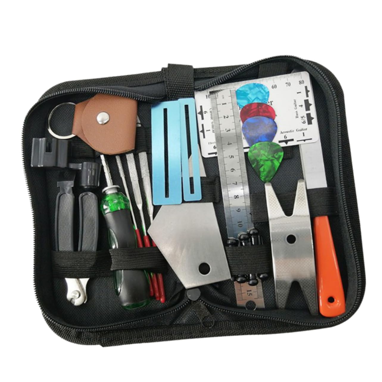 Kit Outils de Réparation de Guitare 24 Pièces, Outils D'entretien | Coupe-cordes, Lime à Frettes et Règle D’action, Acier Inoxydable et Métal, pour Ukulélé et Basse