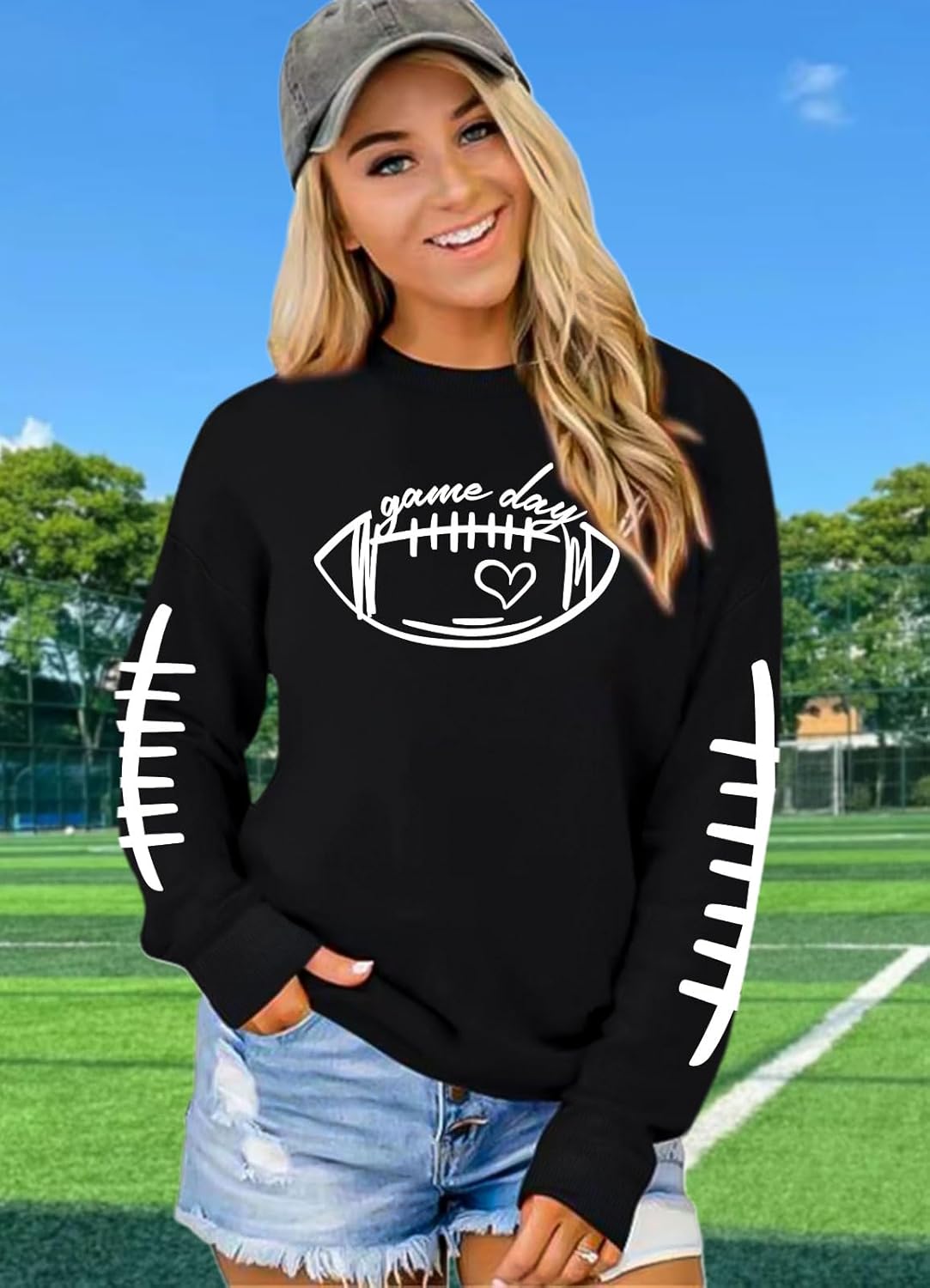 LHBNK Game Day Sweatshirts for Women Football Sweatshirts Funny Football Graphic Crewneck Long Sleeve Pullover Tops - Image 3